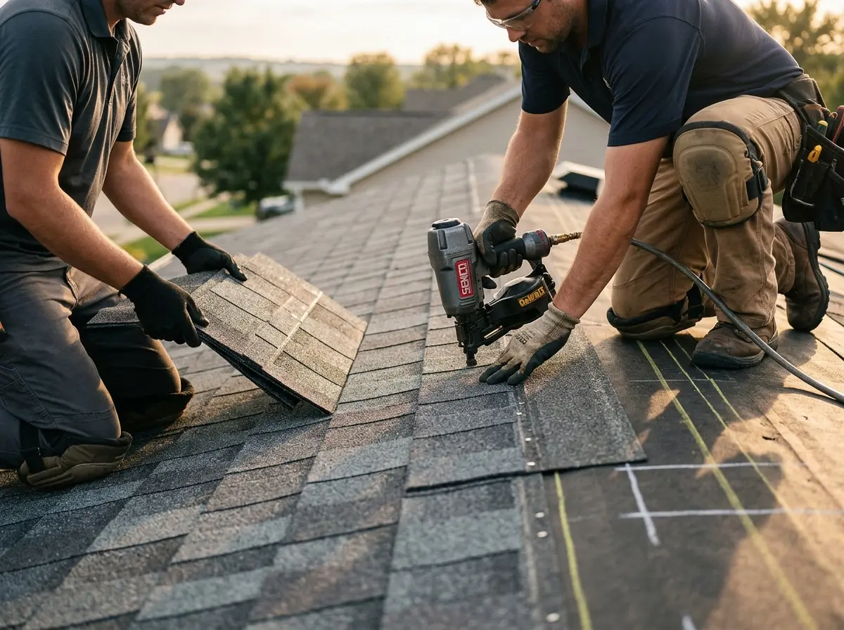 Professional roofer working on a residential roof in Simpsonville